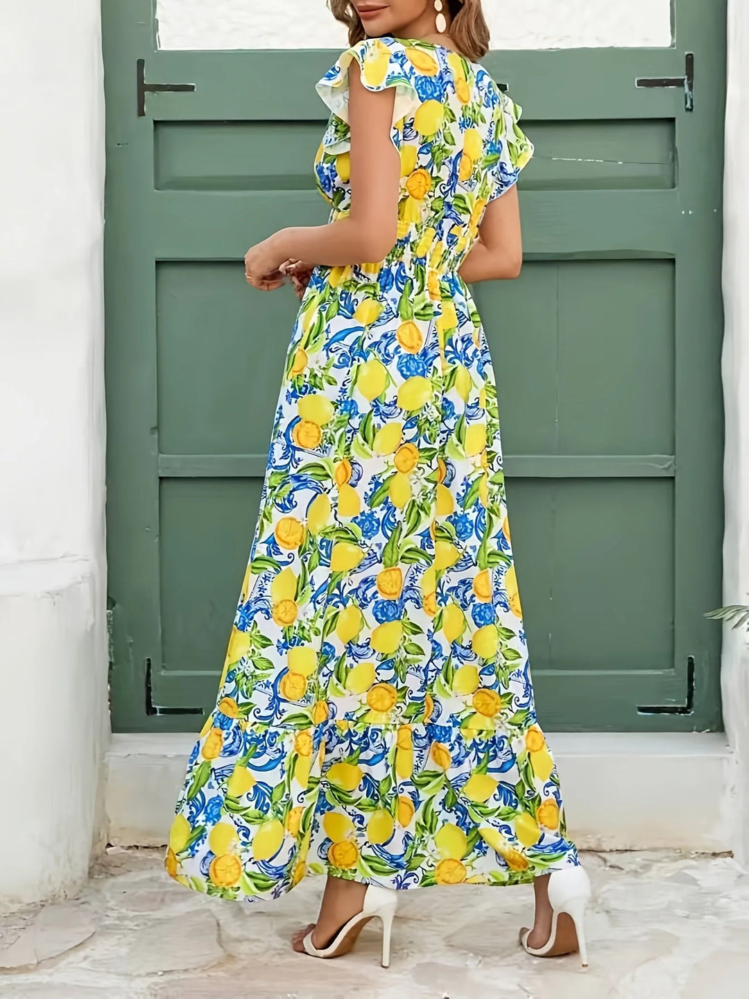 Violet | Elegant Lemon Dress with Flutter Sleeves and V-Neck