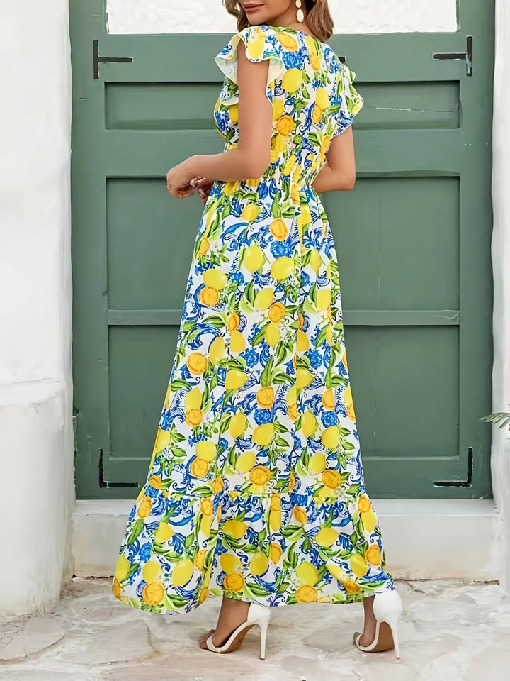 Violet | Elegant Lemon Dress with Flutter Sleeves and V-Neck