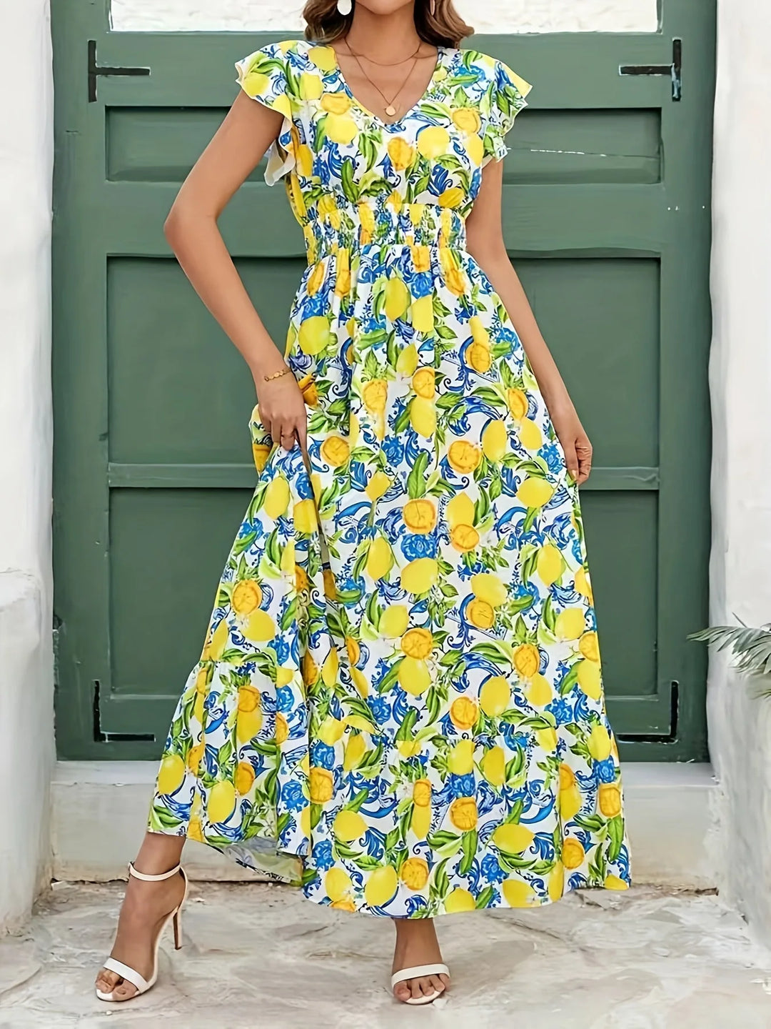 Violet | Elegant Lemon Dress with Flutter Sleeves and V-Neck