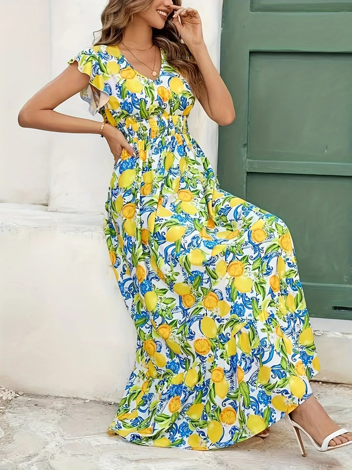 Violet | Elegant Lemon Dress with Flutter Sleeves and V-Neck