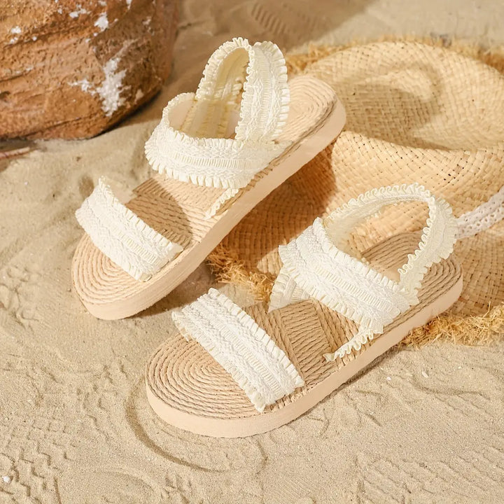 Cream Women's Abbie Platform Sandals — Bree Frayed Strap Raffia - Side Pose