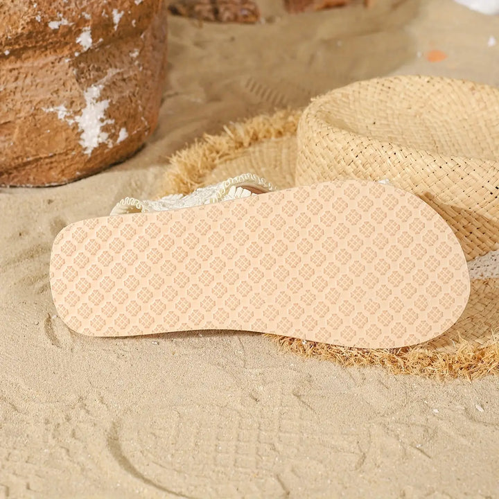 Cream Women's Abbie Platform Sandals — Bree Frayed Strap Raffia - Sole Detail