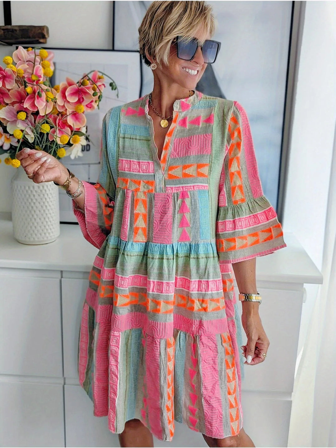 Ophelia | Vibrant V-Neck Tiered Pink Midi Dress
