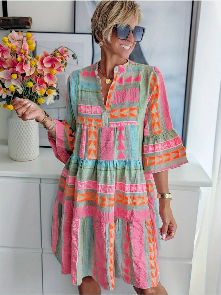 Ophelia | Vibrant V-Neck Tiered Pink Midi Dress