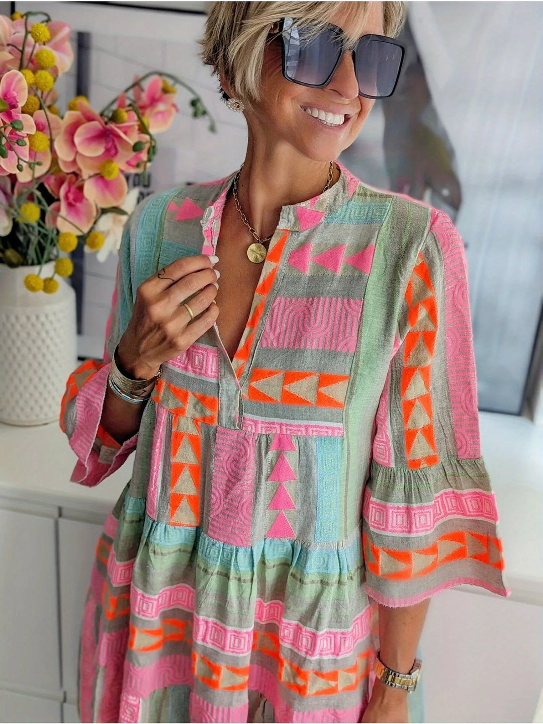 Ophelia | Vibrant V-Neck Tiered Pink Midi Dress