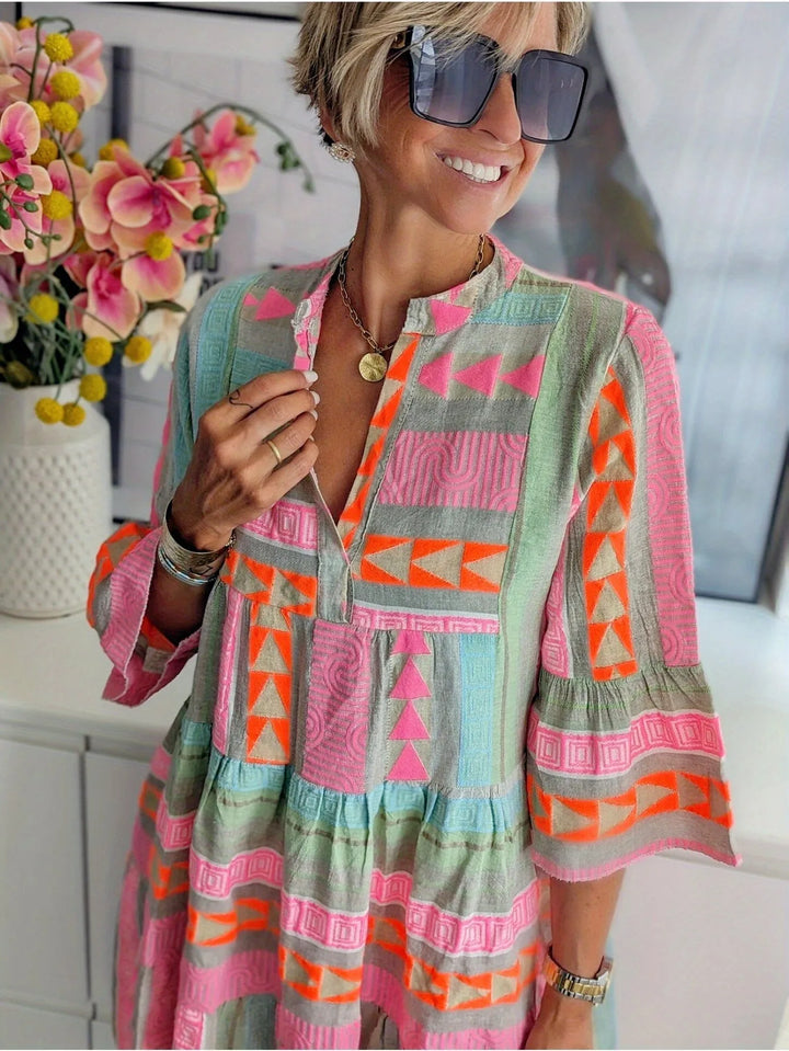 Ophelia | Vibrant V-Neck Tiered Pink Midi Dress