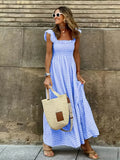 Mia | Elegant Gingham Square Neck Blue Dress