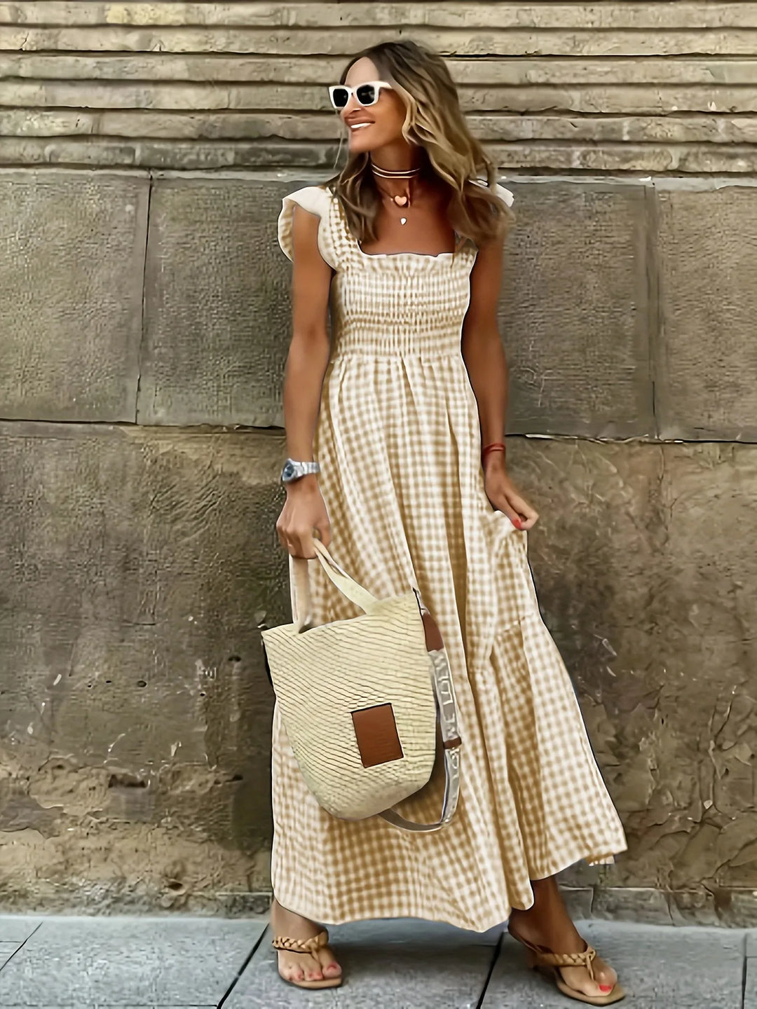 Mia | Elegant Gingham Square Neck Blue Dress
