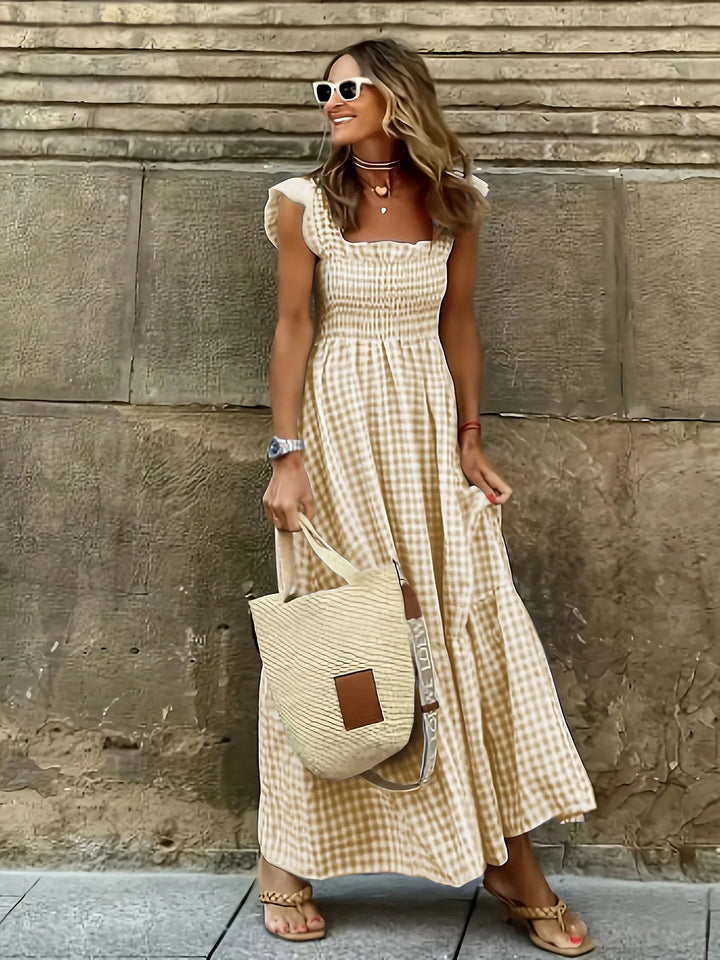 Mia | Elegant Gingham Square Neck Blue Dress