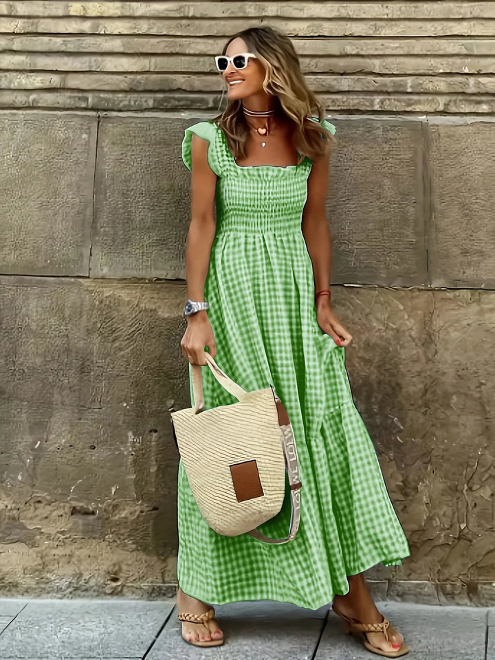 Mia | Elegant Gingham Square Neck Blue Dress