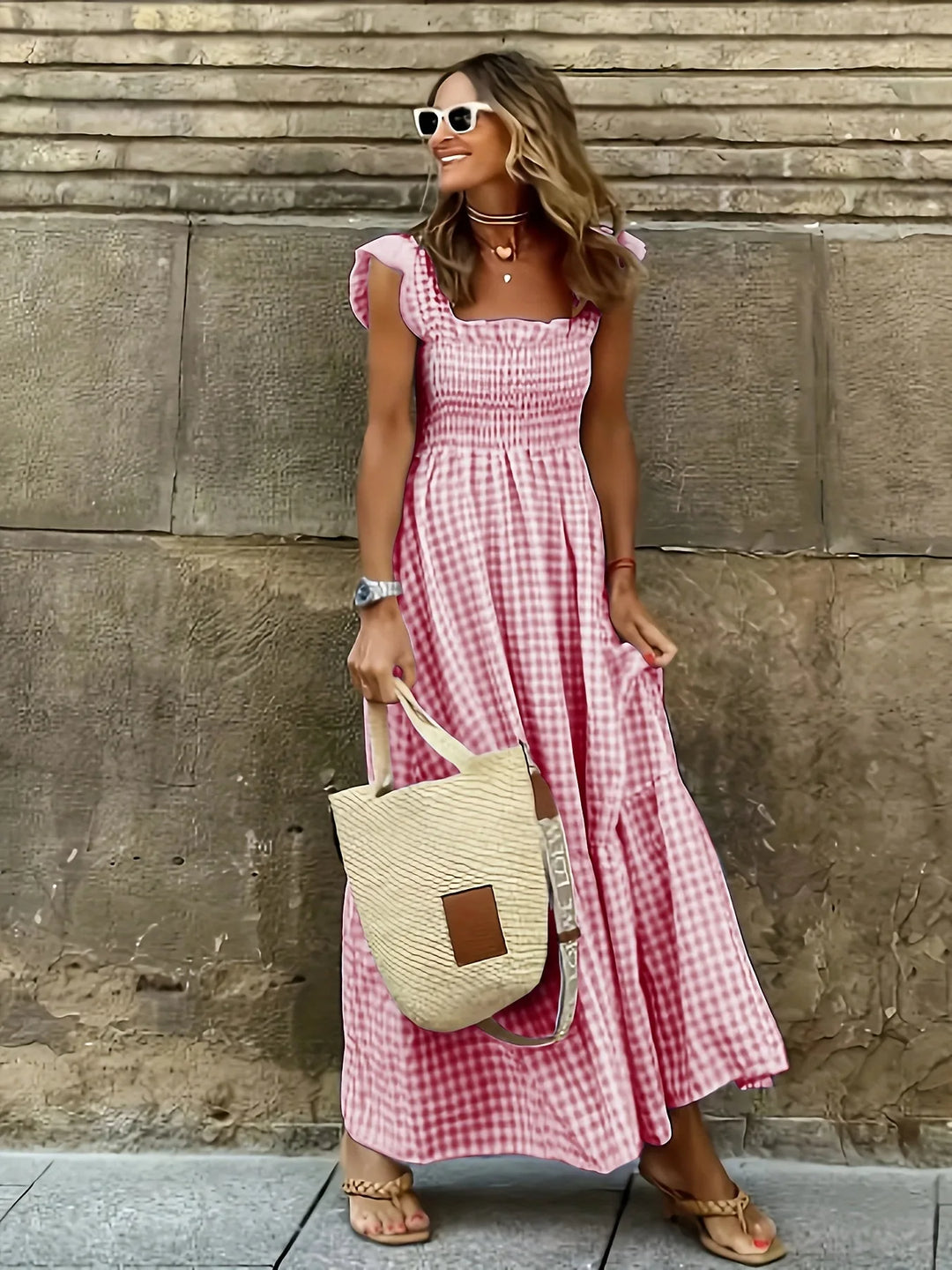 Mia | Elegant Gingham Square Neck Blue Dress