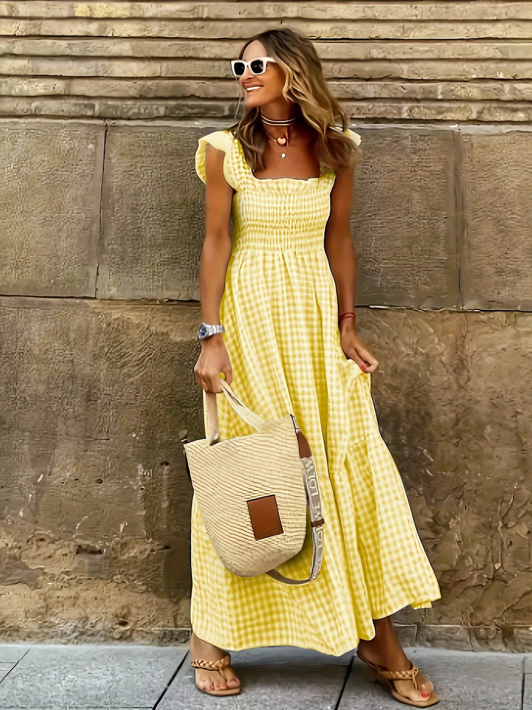 Mia | Elegant Gingham Square Neck Blue Dress