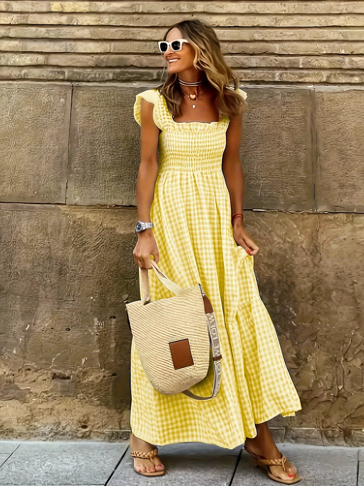 Mia | Elegant Gingham Square Neck Blue Dress