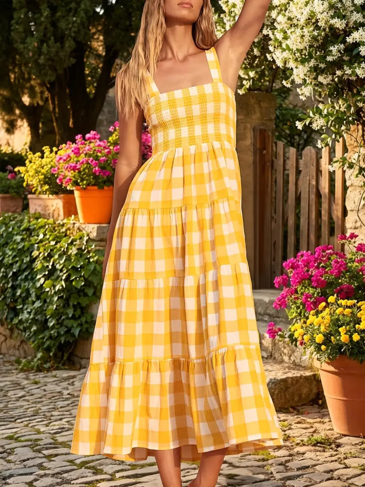 Yellow Women's Yellow Gingham Tiered Maxi Dress — Nadia Smocked Sundress - Front Full