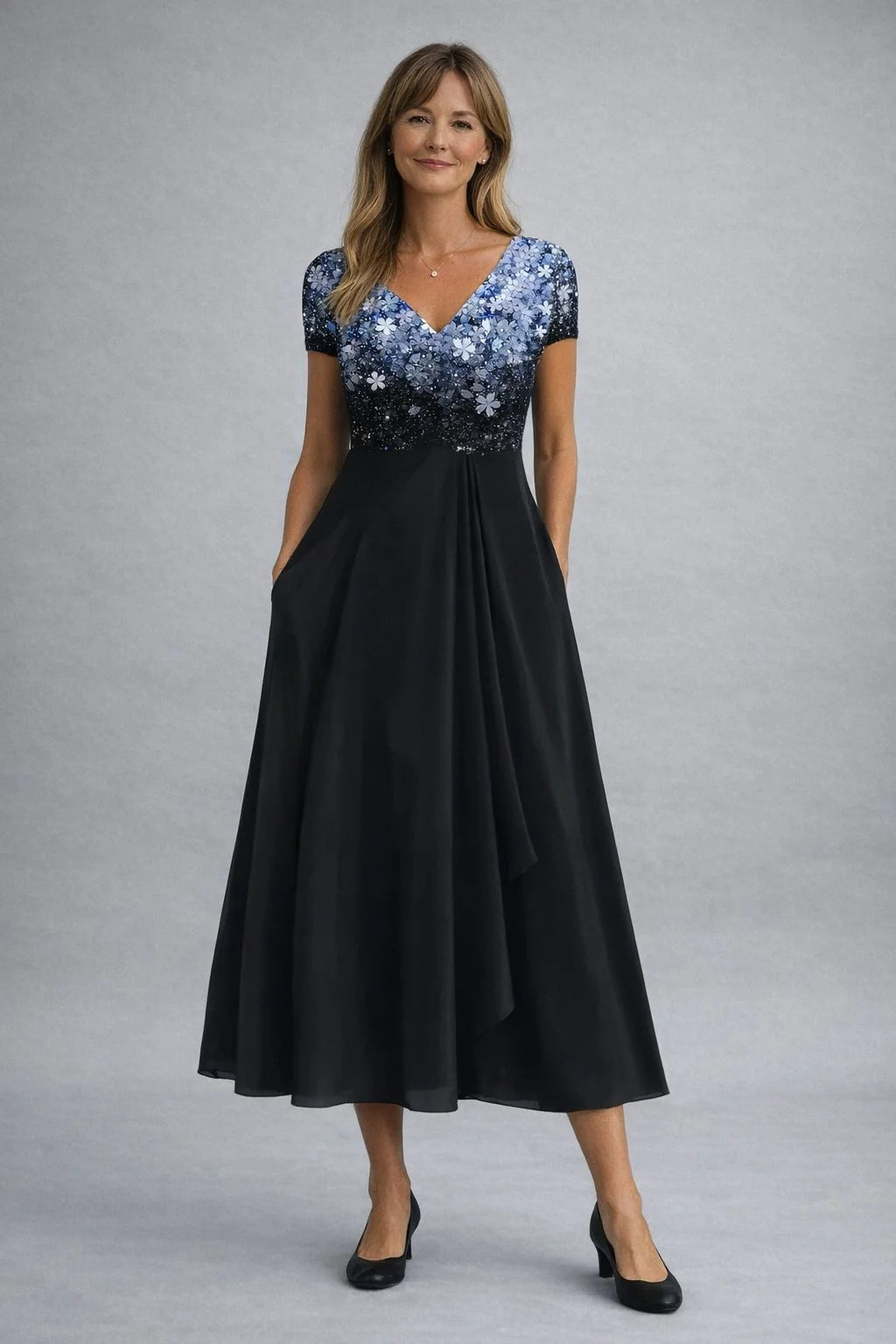 Blue Women's Amelia Evening Dress — Lucy Floral Gradient Sequined - Front Full