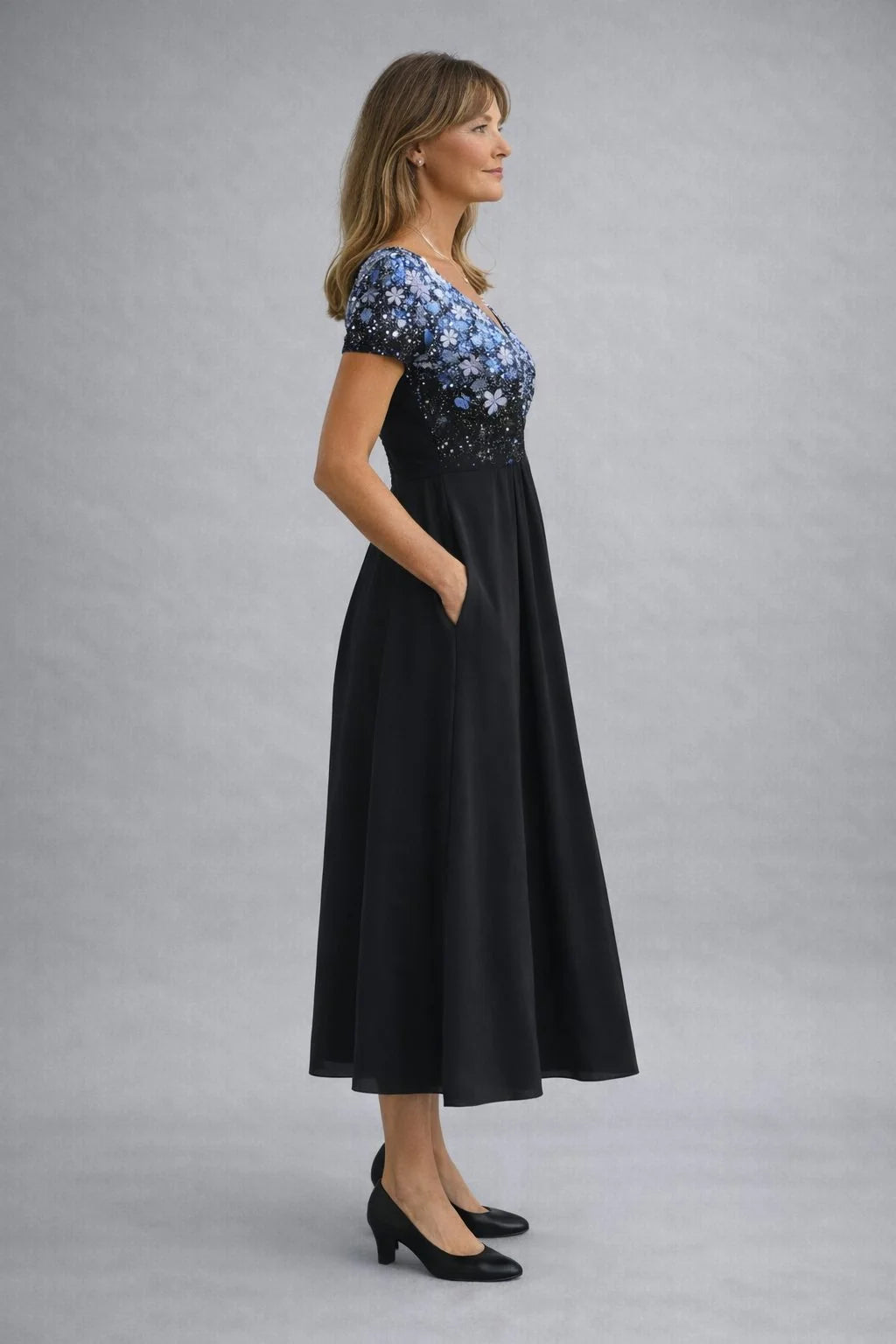 Blue Women's Amelia Evening Dress — Lucy Floral Gradient Sequined - Side Pose