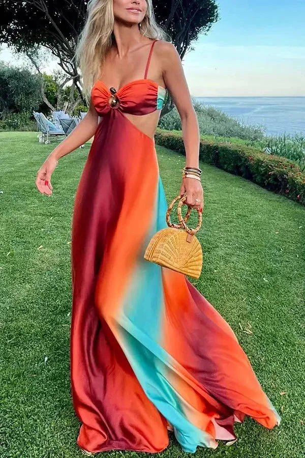 Women's Gradient Halter Maxi Dress — Karina Cut-Out Flowing Summer