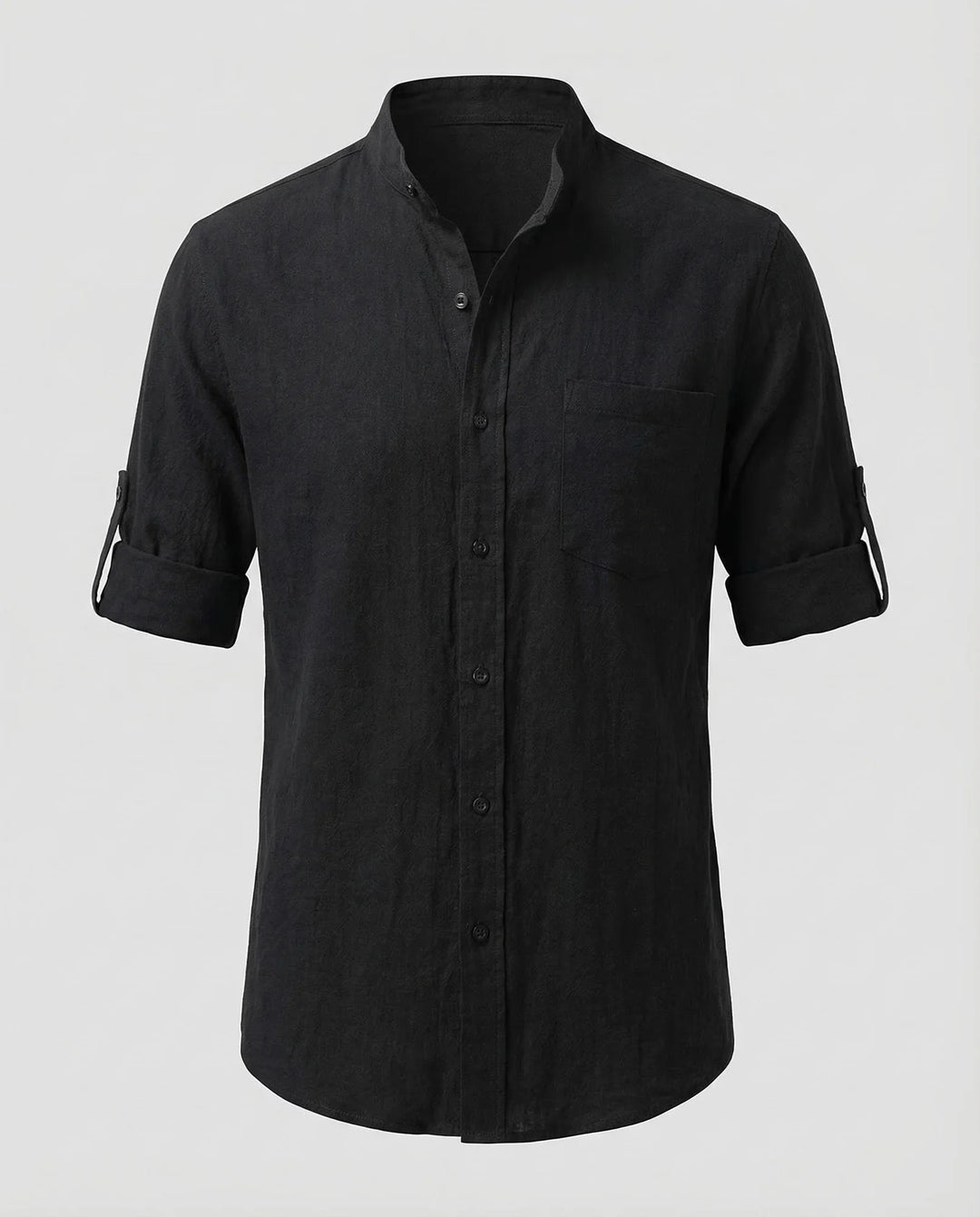 Black Men's Grandad Collar Linen Shirt - Flat Lay