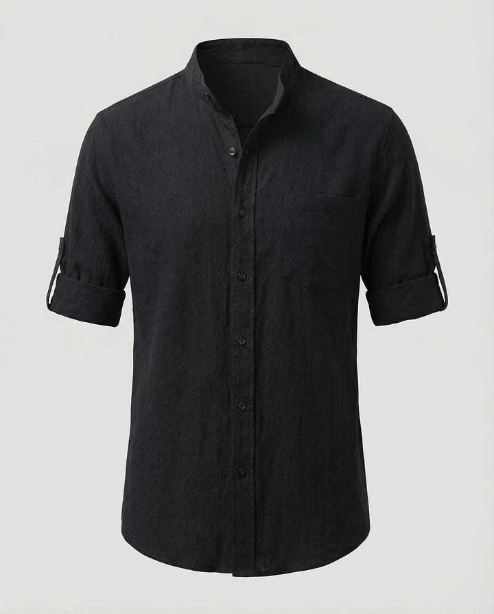 Black Men's Grandad Collar Linen Shirt - Flat Lay