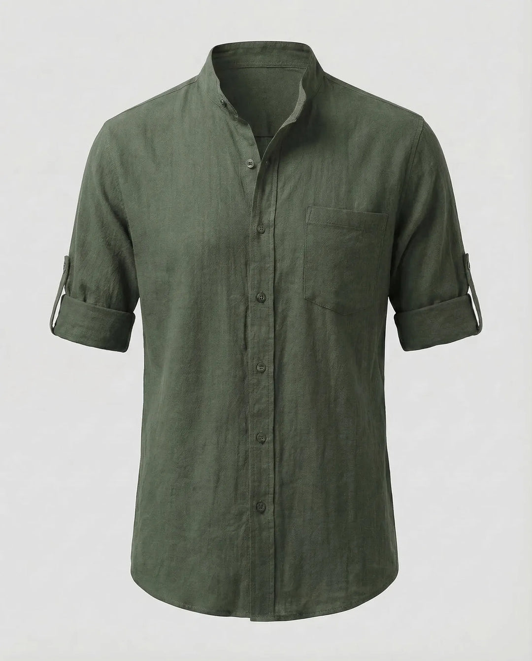 Dark Green Men's Grandad Collar Linen Shirt - Studio Shot