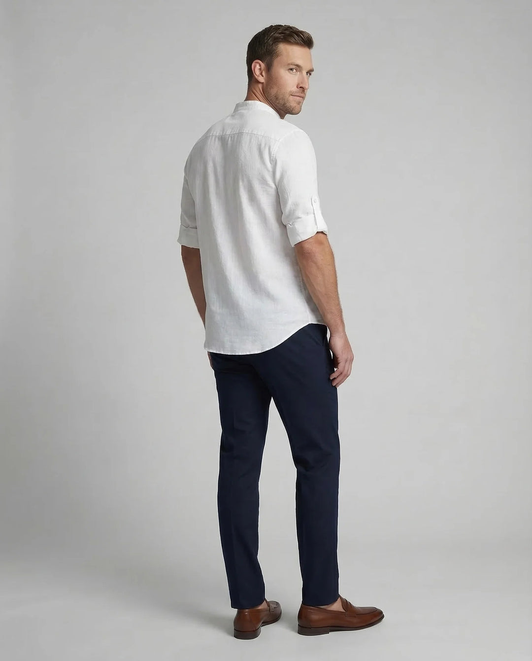 White Men's Grandad Collar Linen Shirt - Back Full