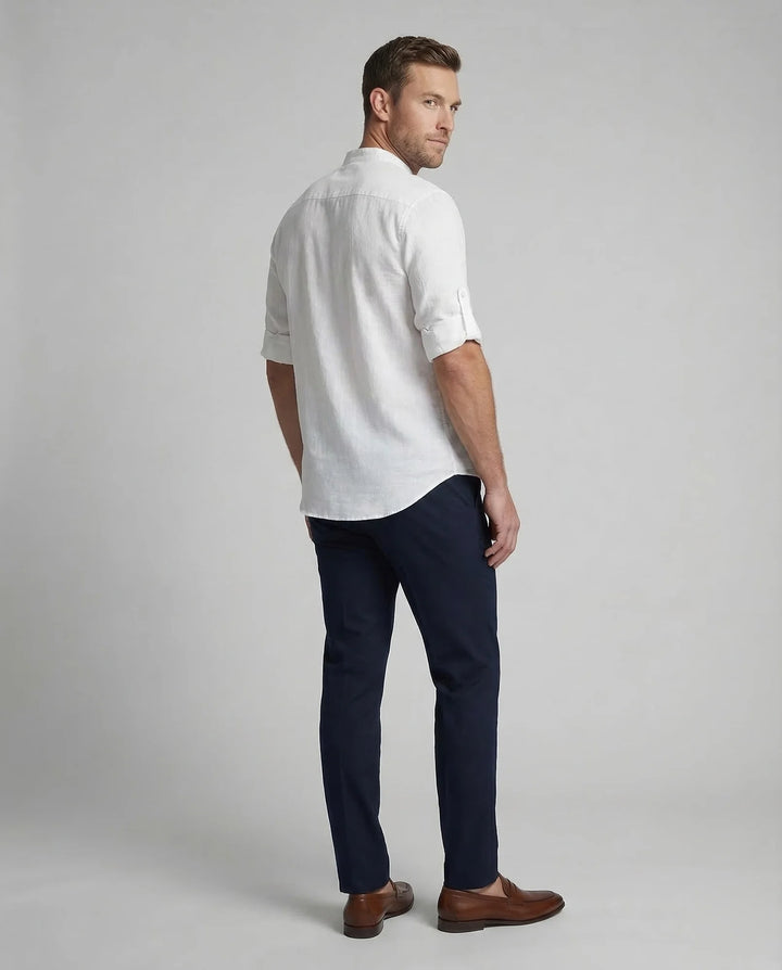 White Men's Grandad Collar Linen Shirt - Back Full