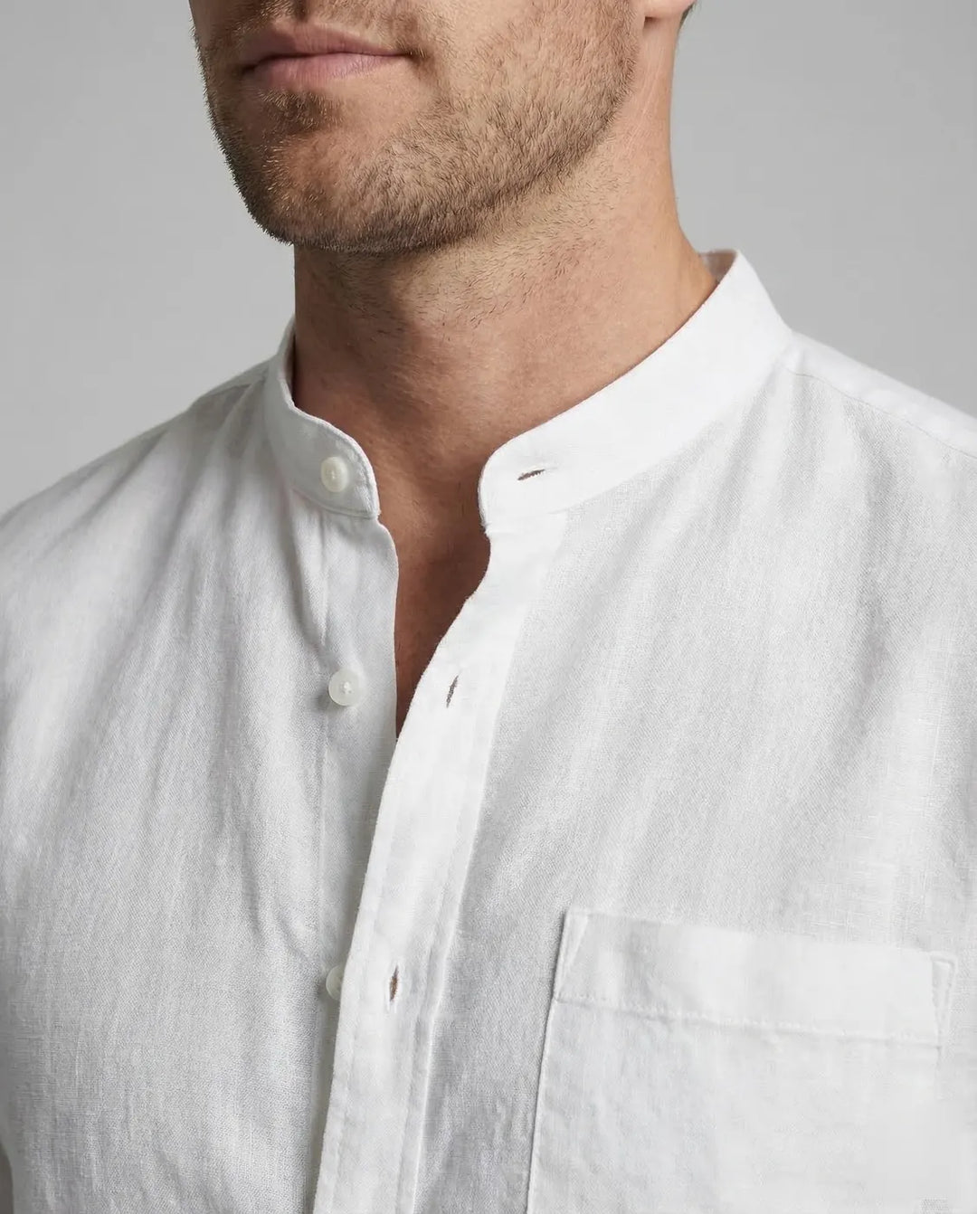 White Men's Grandad Collar Linen Shirt - Collar Detail