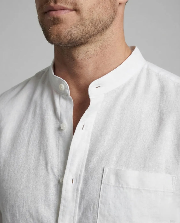 White Men's Grandad Collar Linen Shirt - Collar Detail
