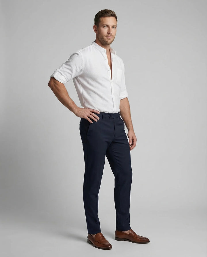 White Men's Grandad Collar Linen Shirt - Front Full