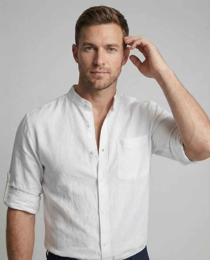 White Men's Grandad Collar Linen Shirt - Front Portrait
