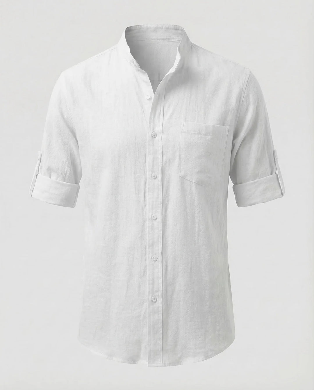 White Men's Grandad Collar Linen Shirt - Product Display