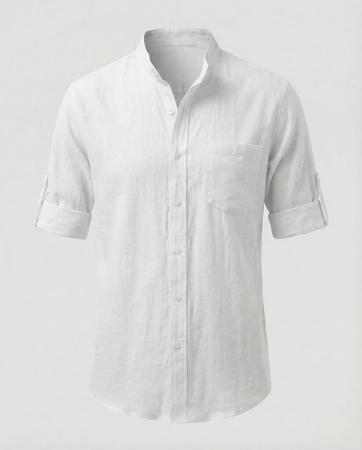 White Men's Grandad Collar Linen Shirt - Product Display