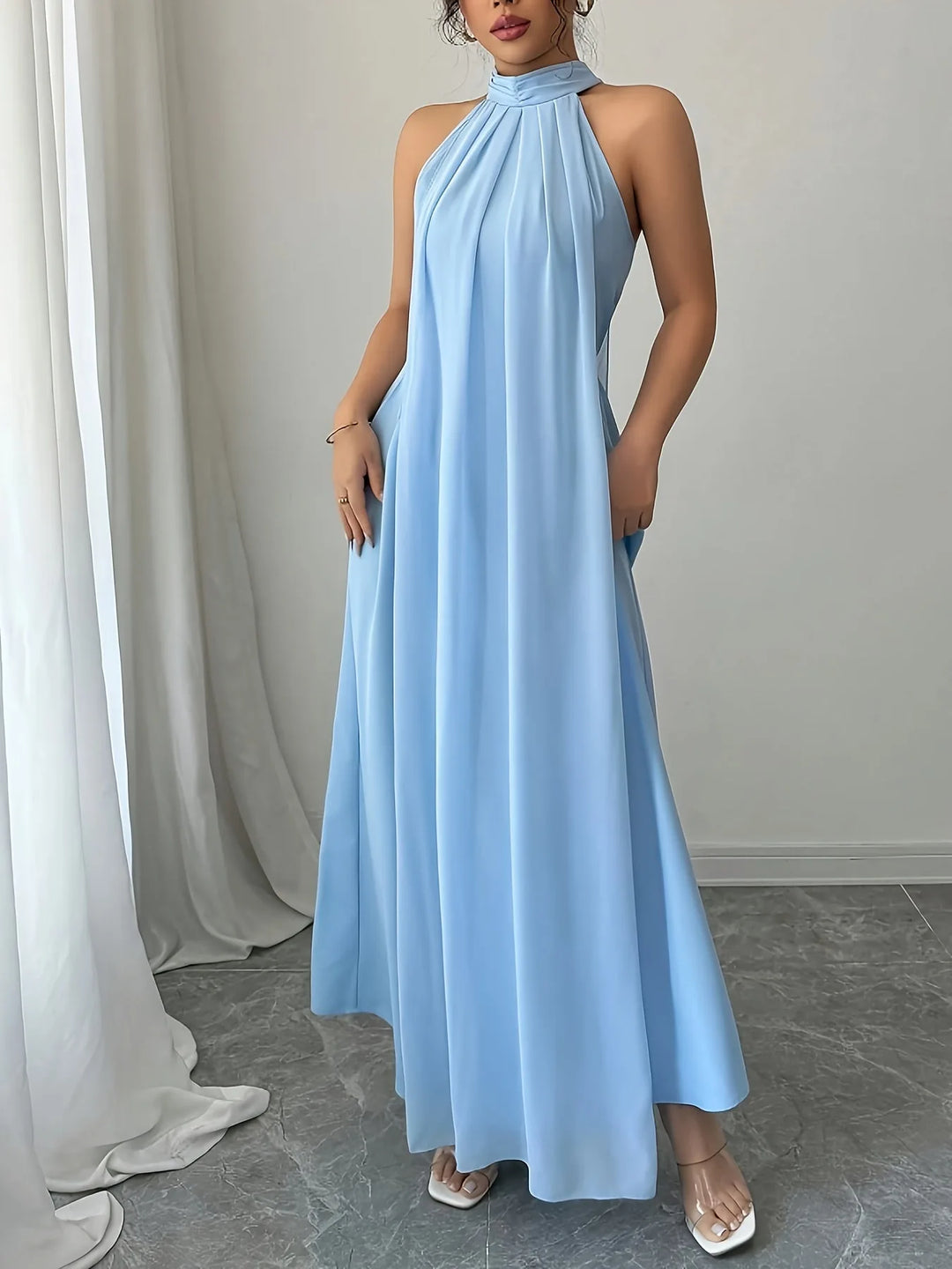 Leona | Elegant Halter Neck Backless Baby Blue Dress