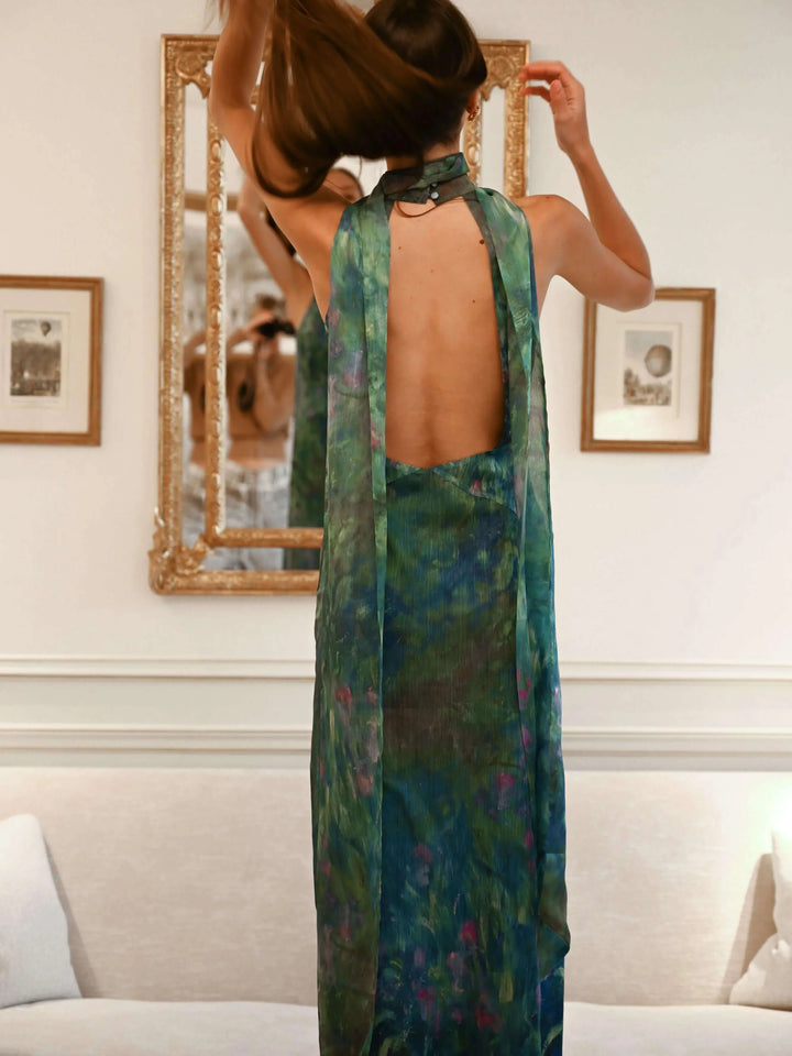 Celeste | Elegant Halter Neck Monet Inspired Party Maxi Dress