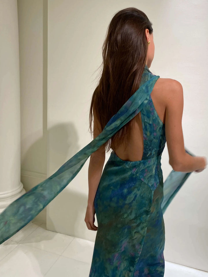 Celeste | Elegant Halter Neck Monet Inspired Party Maxi Dress