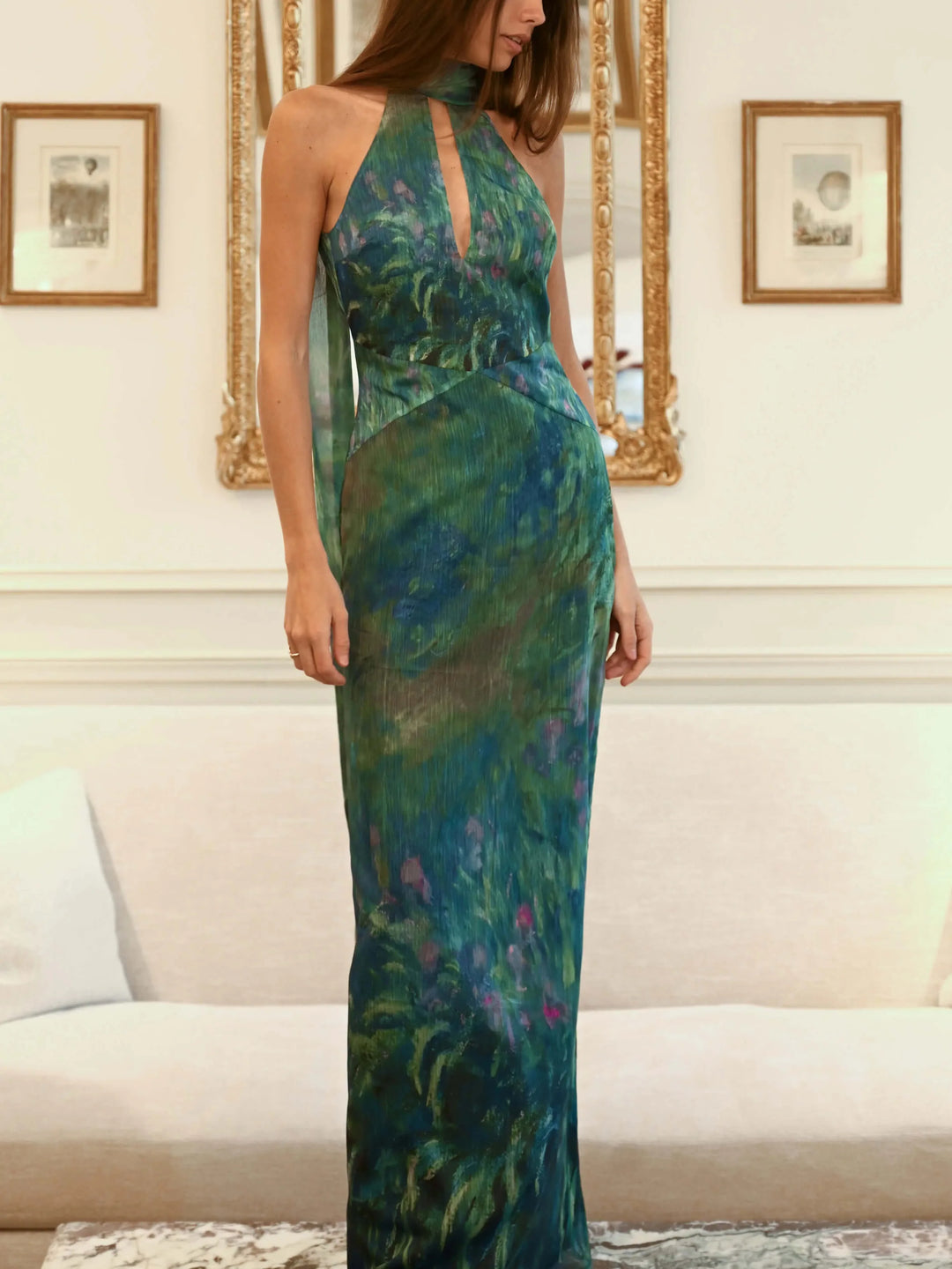 Celeste | Elegant Halter Neck Monet Inspired Party Maxi Dress