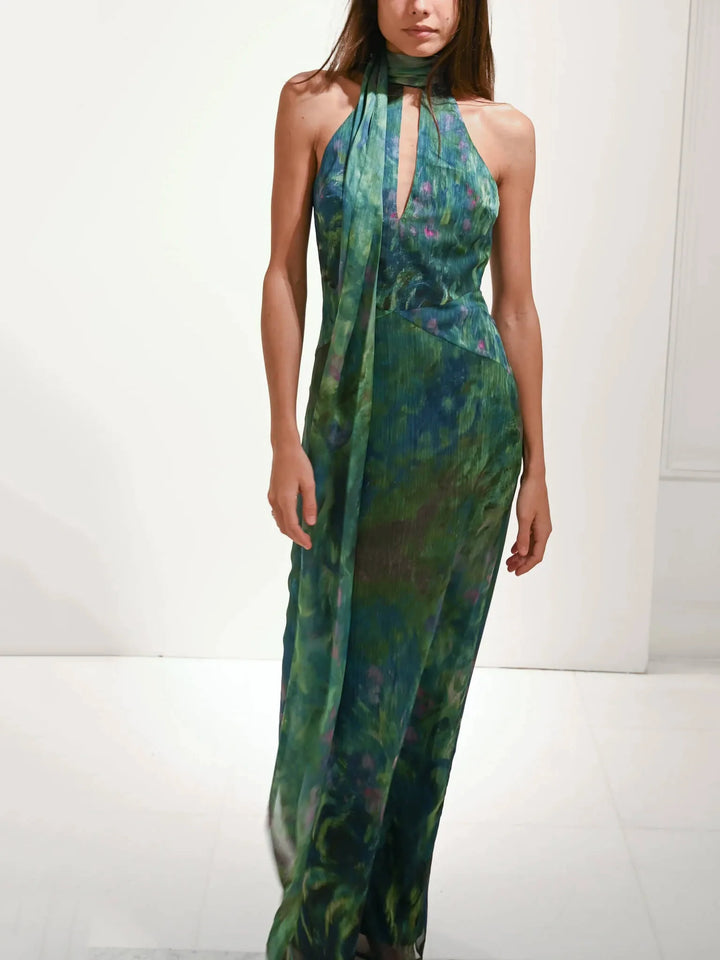 Celeste | Elegant Halter Neck Monet Inspired Party Maxi Dress