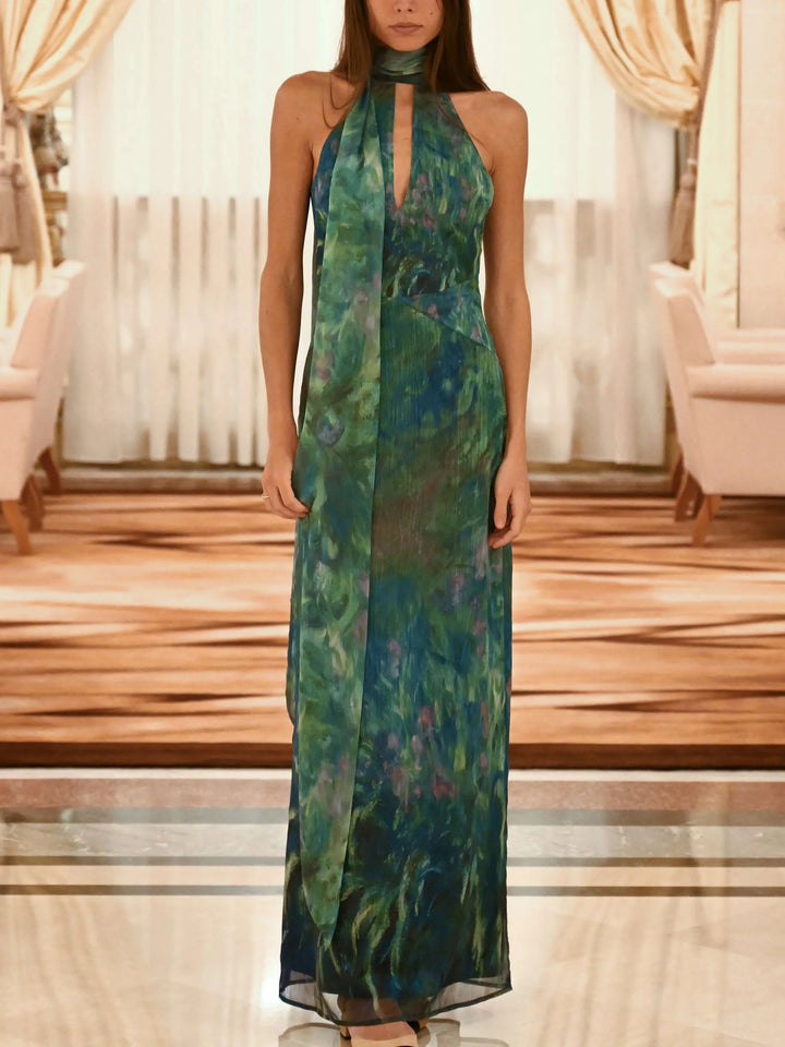 Celeste | Elegant Halter Neck Monet Inspired Party Maxi Dress