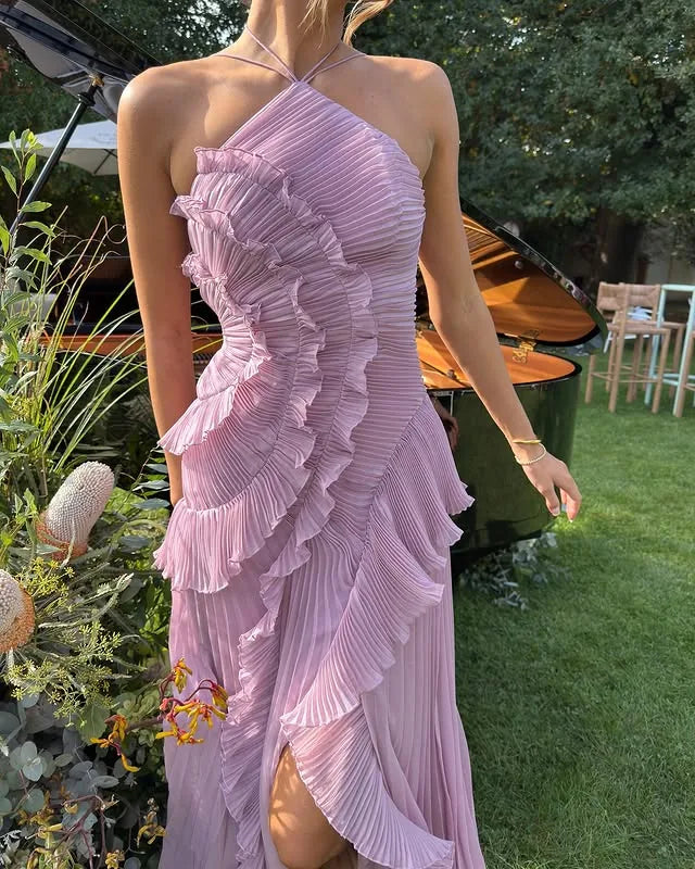 Clara | Halter Pleated Ruffle Maxi Dress