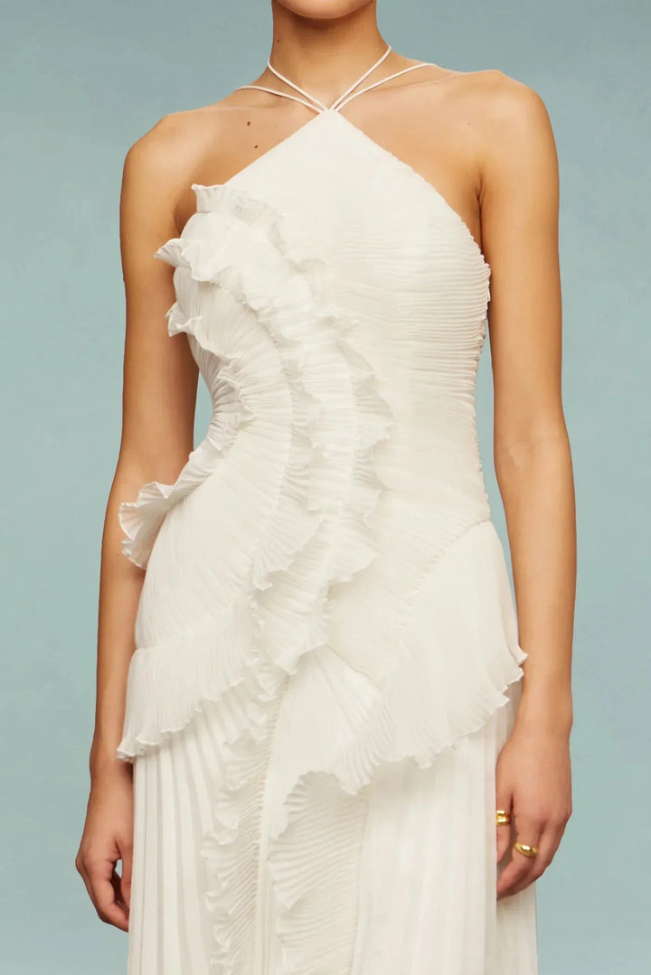 Clara | Halter Pleated Ruffle Maxi Dress