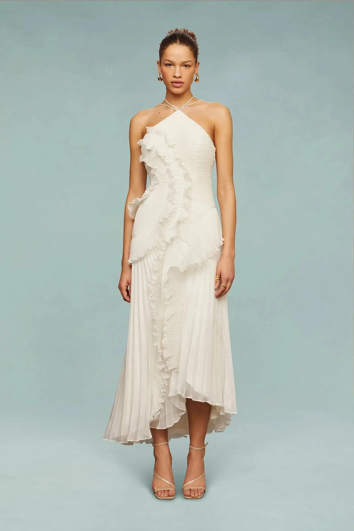 Clara | Halter Pleated Ruffle Maxi Dress