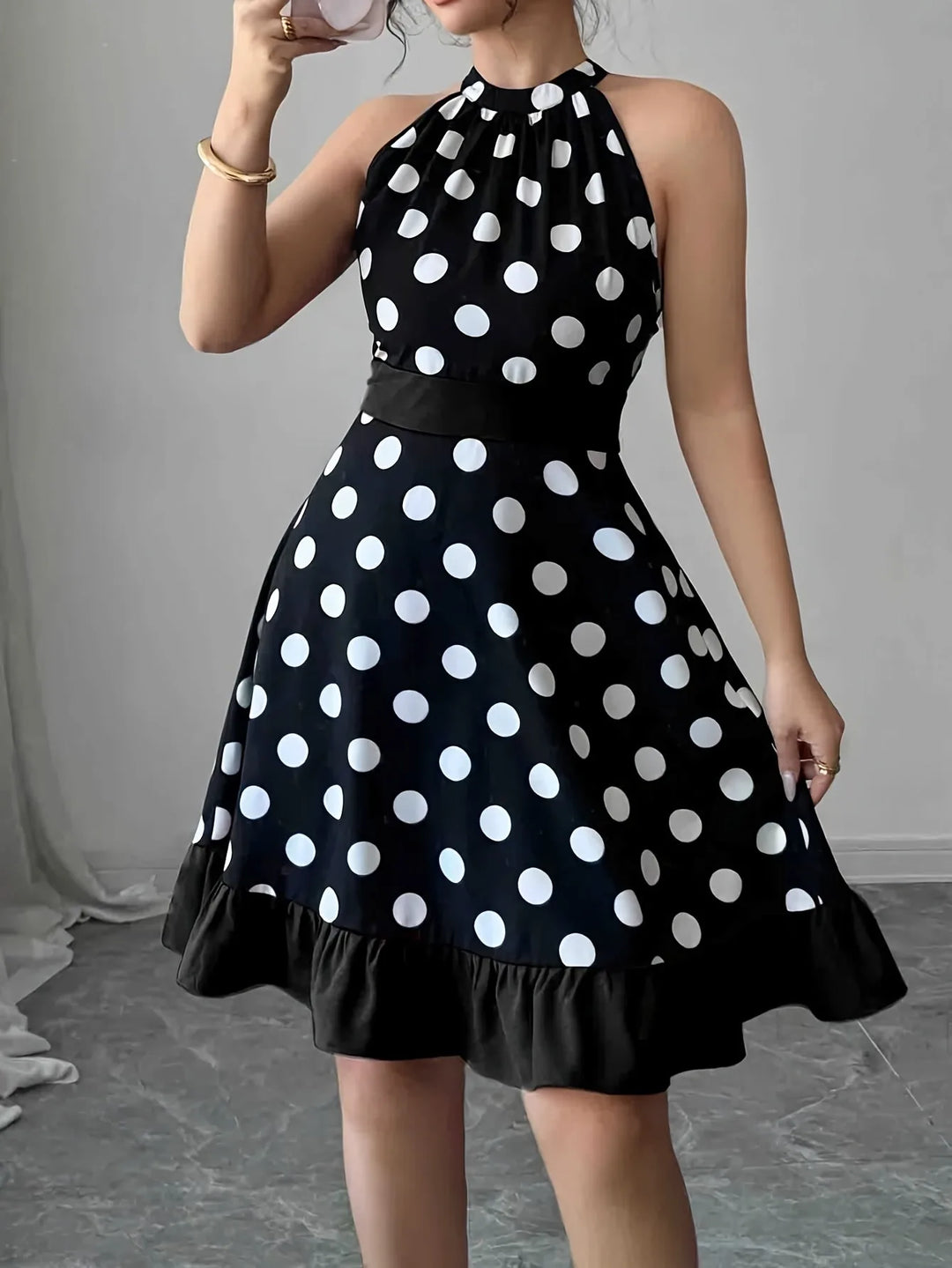 Sophia | Elegant Halter Polka Dot Dress with Ruffle Hem