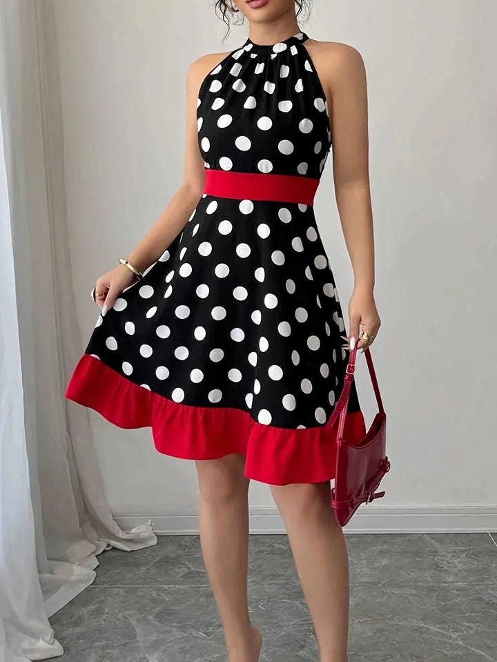 Sophia | Elegant Halter Polka Dot Dress with Ruffle Hem