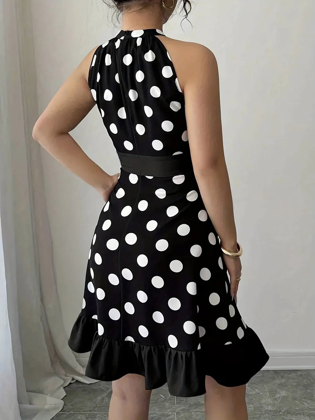 Sophia | Elegant Halter Polka Dot Dress with Ruffle Hem