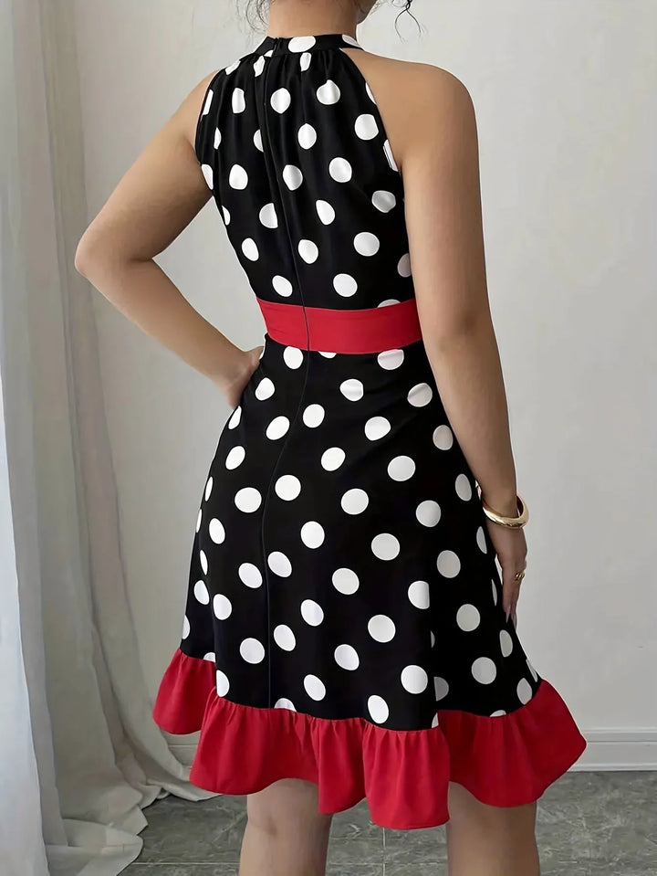 Sophia | Elegant Halter Polka Dot Dress with Ruffle Hem