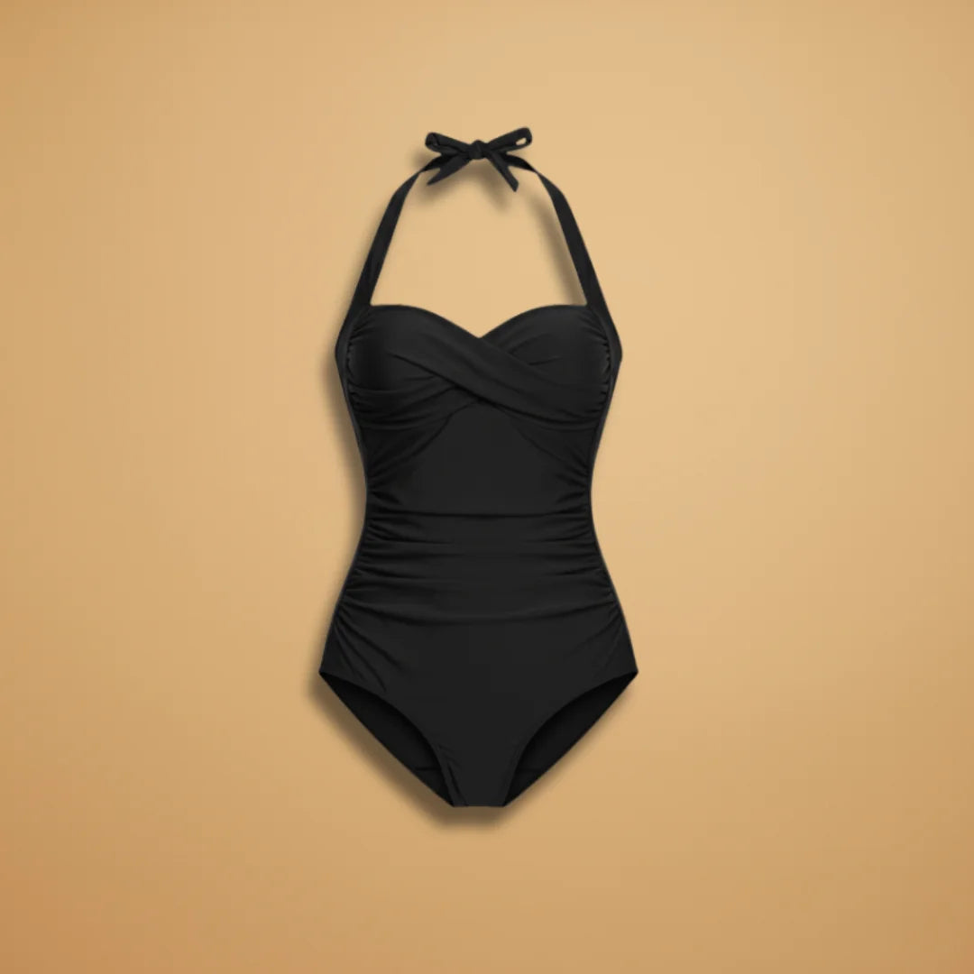 Black Stylish Halter Women's One-Piece Swimsuit - Front Flat Lay
