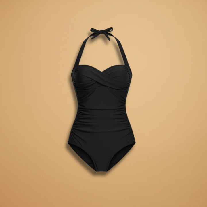 Black Stylish Halter Women's One-Piece Swimsuit - Front Flat Lay