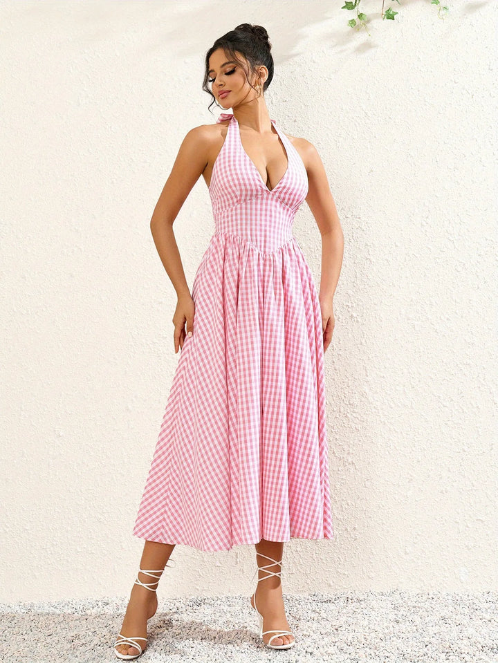 Genevieve | Halter V-Neck Pink Midi Dress