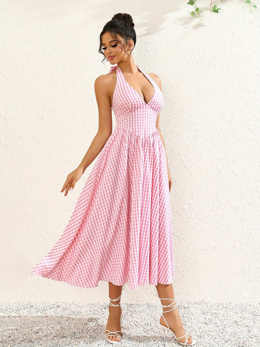 Genevieve | Halter V-Neck Pink Midi Dress
