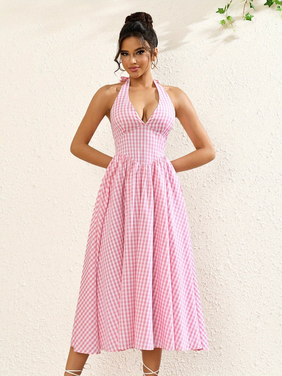 Genevieve | Halter V-Neck Pink Midi Dress